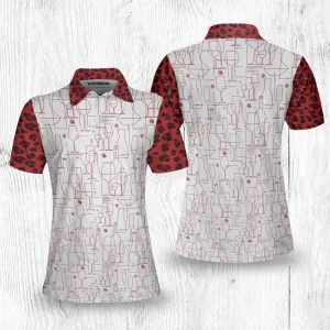 Red Wine And Leopard Pattern Drink Short Sleeve Women Polo Shirt, Wine Drinking Icon Polo Shirt For Ladies Coolspod