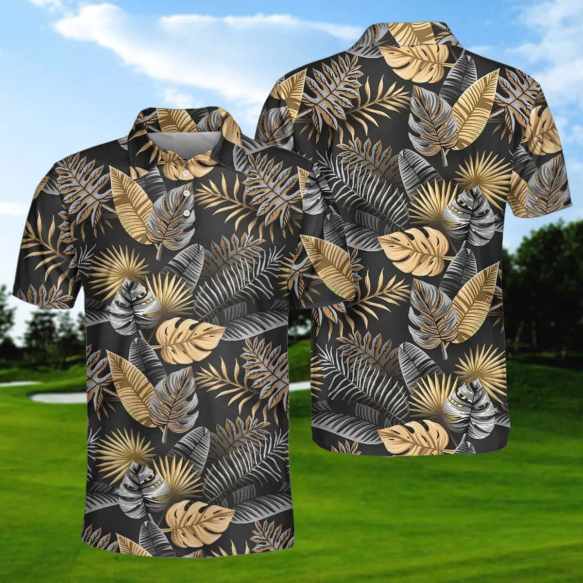 Seamless Luxury Tropical Pattern Golf Polo Shirt, Black And Gold Best Floral Golf Shirt For Men Coolspod