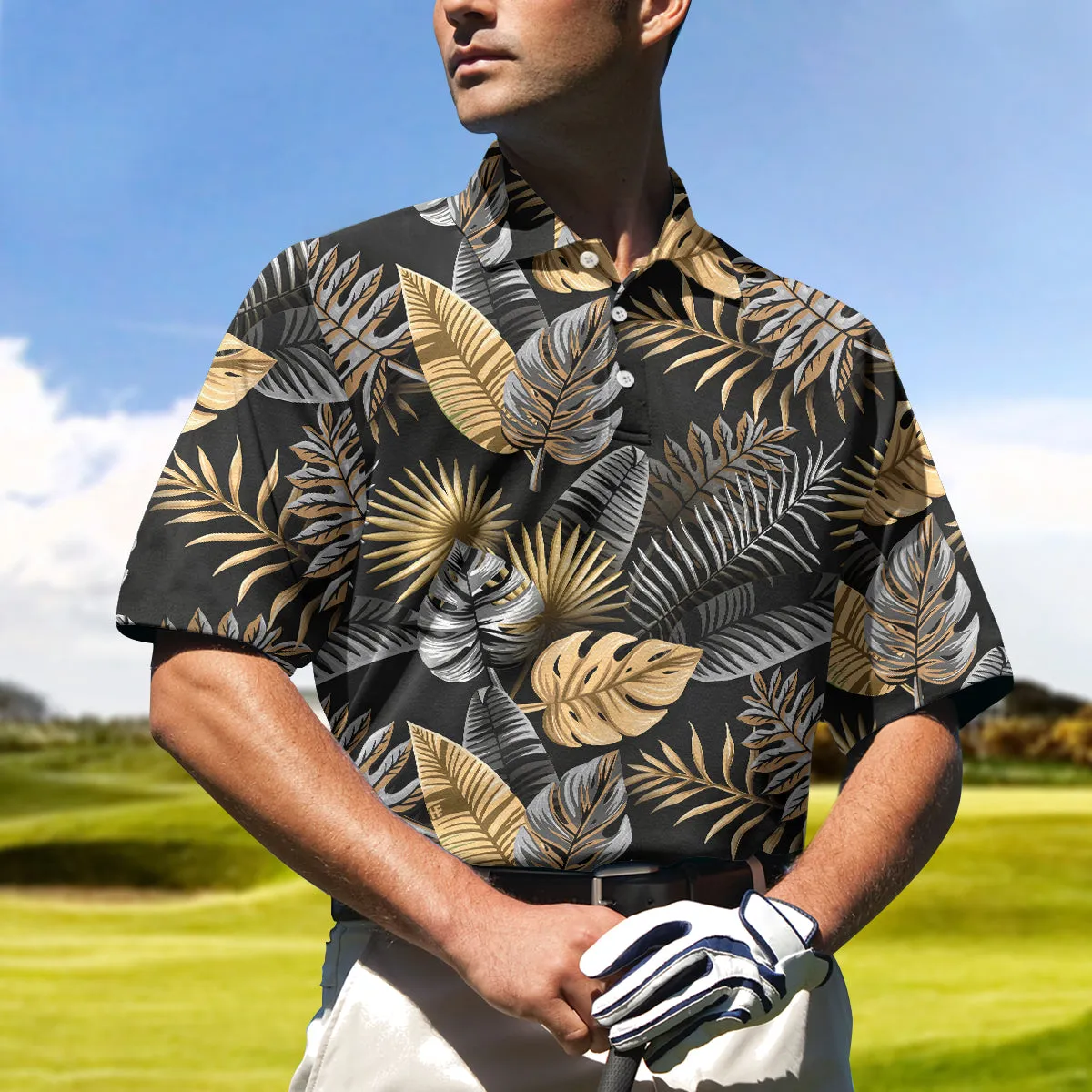 Seamless Luxury Tropical Pattern Golf Polo Shirt, Black And Gold Best Floral Golf Shirt For Men Coolspod