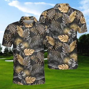 Seamless Luxury Tropical Pattern Golf Polo Shirt, Black And Gold Best Floral Golf Shirt For Men Coolspod