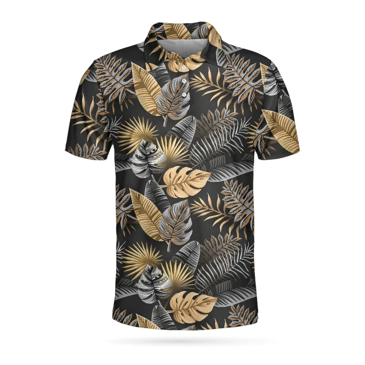 Seamless Luxury Tropical Pattern Golf Polo Shirt, Black And Gold Best Floral Golf Shirt For Men Coolspod