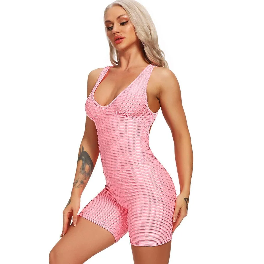 Sexy Backcross Women Bodysuit Sleeveless Textured Jumpsuit - Women One Piece Gym Sport Workout Fitness Rompers For Female Summer (2U24)(BAP)(TBL)