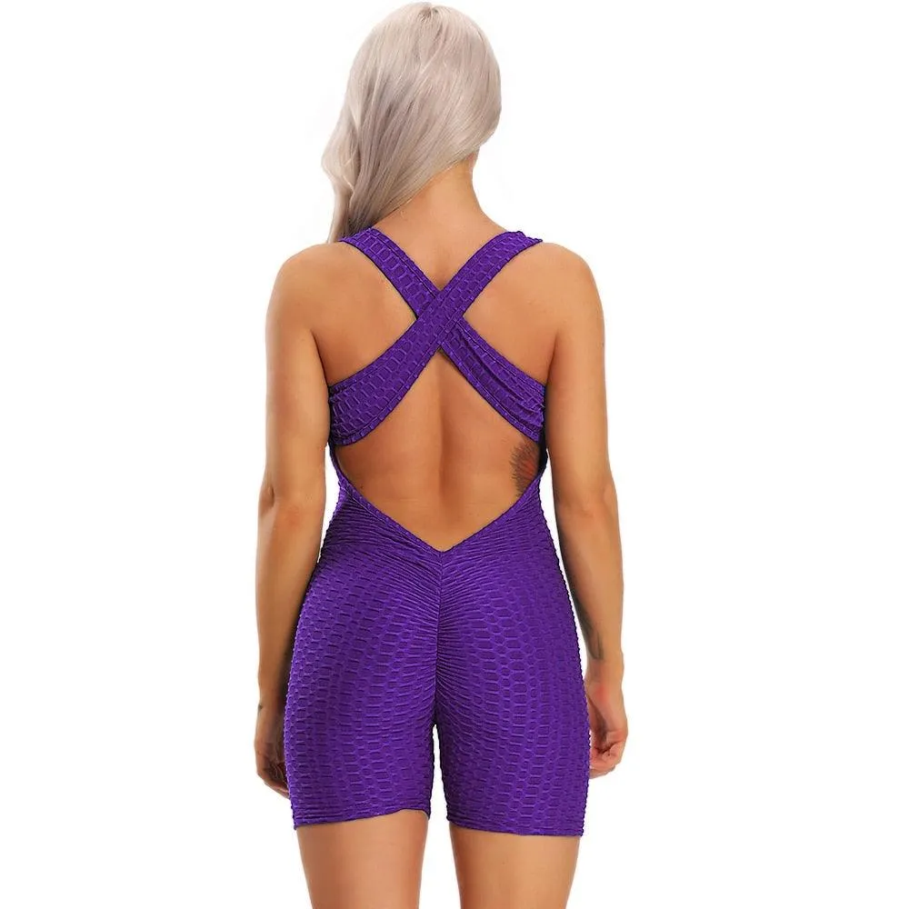 Sexy Backcross Women Bodysuit Sleeveless Textured Jumpsuit - Women One Piece Gym Sport Workout Fitness Rompers For Female Summer (2U24)(BAP)(TBL)