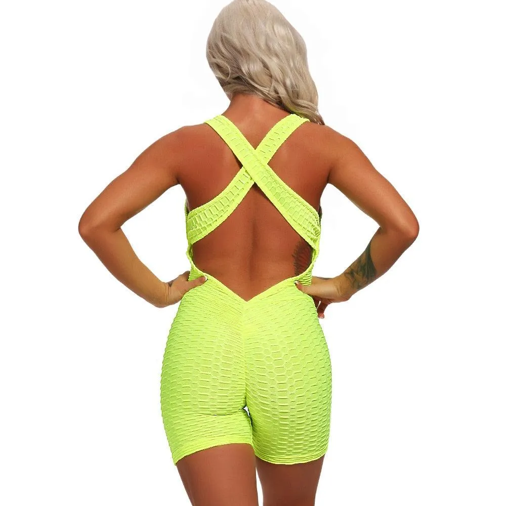 Sexy Backcross Women Bodysuit Sleeveless Textured Jumpsuit - Women One Piece Gym Sport Workout Fitness Rompers For Female Summer (2U24)(BAP)(TBL)