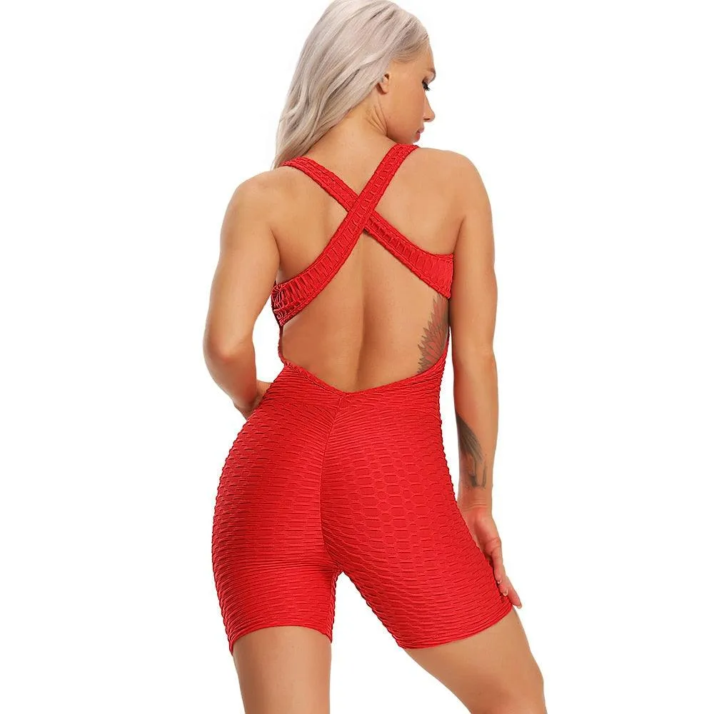 Sexy Backcross Women Bodysuit Sleeveless Textured Jumpsuit - Women One Piece Gym Sport Workout Fitness Rompers For Female Summer (2U24)(BAP)(TBL)