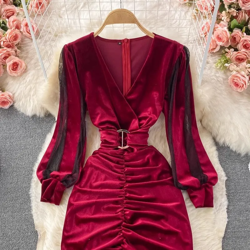 Sexy V-neck Pleated Mesh Velvet Slit Dress     S4255