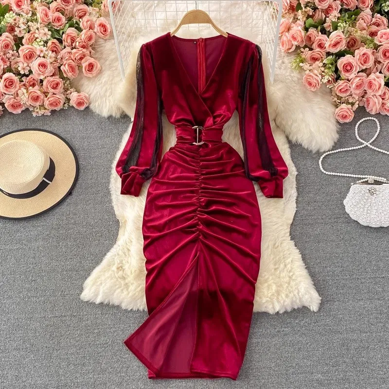 Sexy V-neck Pleated Mesh Velvet Slit Dress     S4255