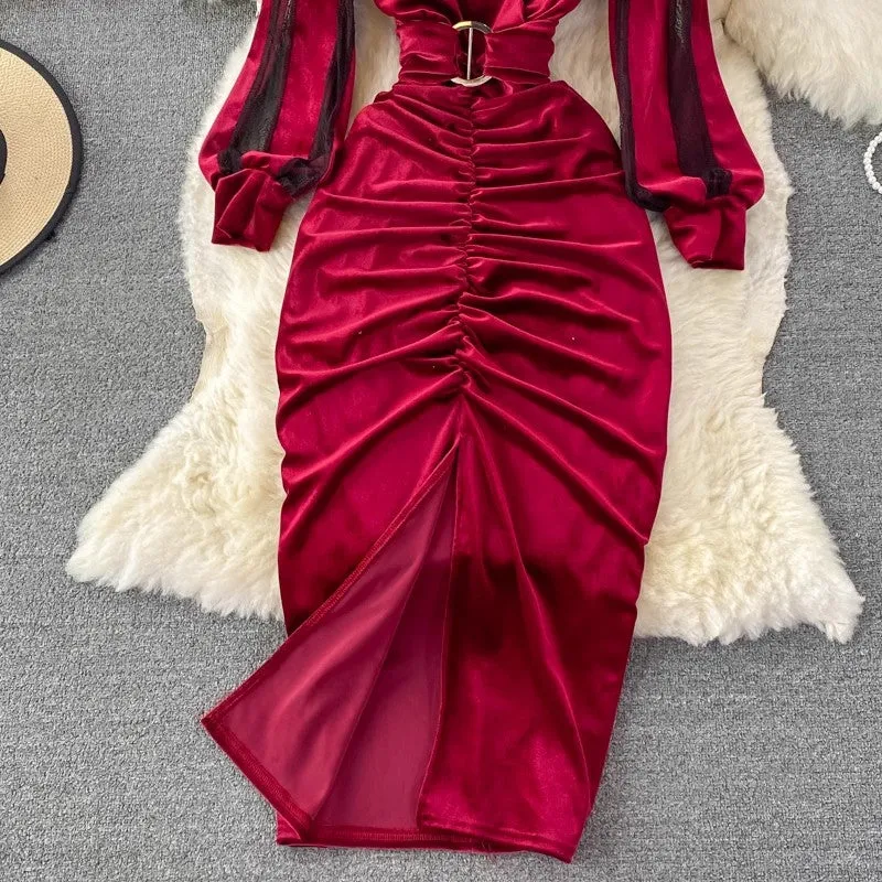 Sexy V-neck Pleated Mesh Velvet Slit Dress     S4255