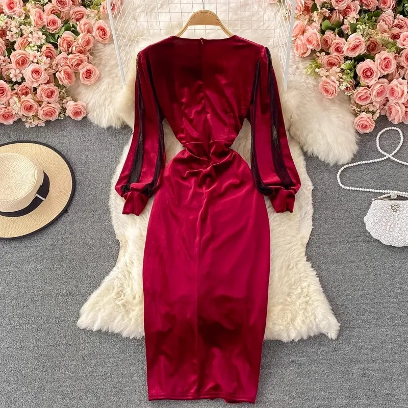 Sexy V-neck Pleated Mesh Velvet Slit Dress     S4255