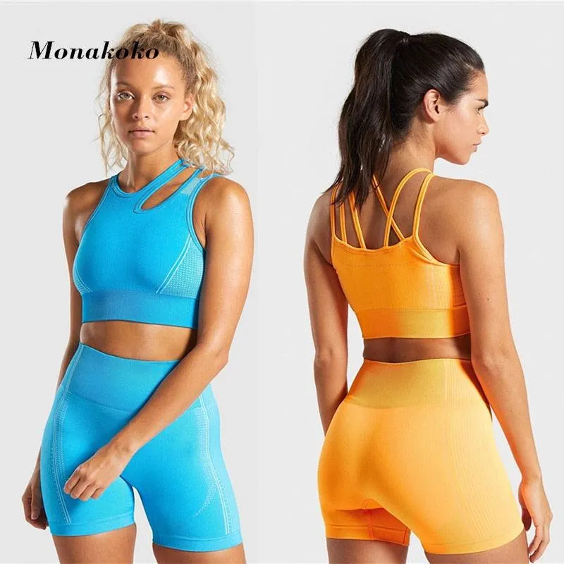 Sexy Women Casual Yoga Seamless Two Pieces Set - Tank Crop Top And Skinny Shorts - High Elastic Jogger Fitness Sporty Suit (2U24)(BAP)(TBL)