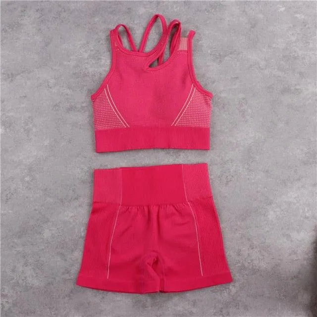 Sexy Women Casual Yoga Seamless Two Pieces Set - Tank Crop Top And Skinny Shorts - High Elastic Jogger Fitness Sporty Suit (2U24)(BAP)(TBL)