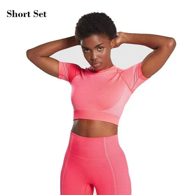 Sexy Women Casual Yoga Seamless Two Pieces Set - Tank Crop Top And Skinny Shorts - High Elastic Jogger Fitness Sporty Suit (2U24)(BAP)(TBL)