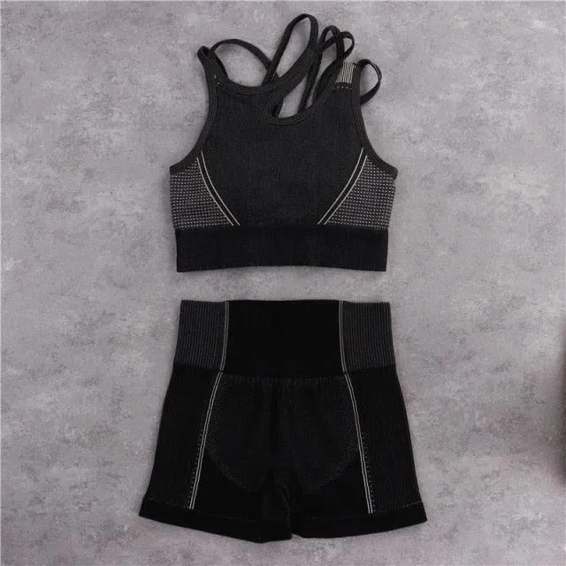 Sexy Women Casual Yoga Seamless Two Pieces Set - Tank Crop Top And Skinny Shorts - High Elastic Jogger Fitness Sporty Suit (2U24)(BAP)(TBL)