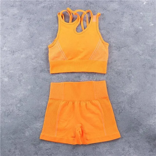 Sexy Women Casual Yoga Seamless Two Pieces Set - Tank Crop Top And Skinny Shorts - High Elastic Jogger Fitness Sporty Suit (2U24)(BAP)(TBL)