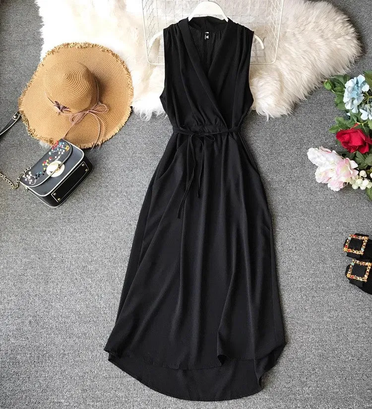 Sleeveless dress for women chiffon mid-length V-neck solid color simple     S4350