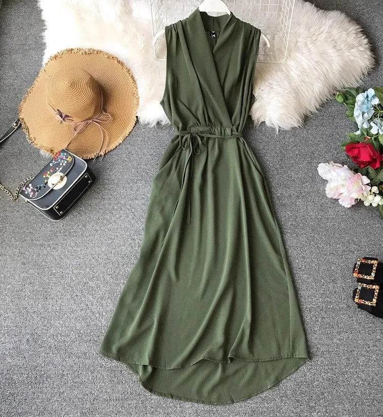 Sleeveless dress for women chiffon mid-length V-neck solid color simple     S4350