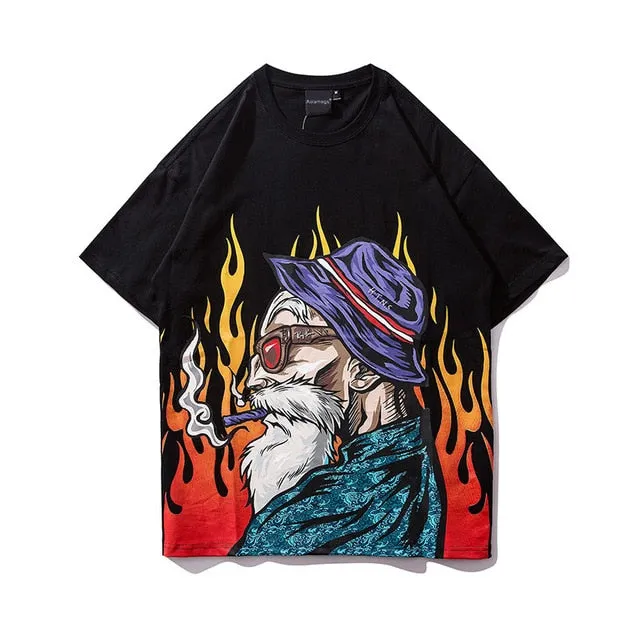 Smoking Old Man Printed Streetwear Hip Hop Loose Tees