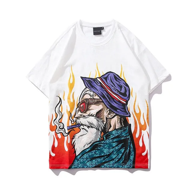 Smoking Old Man Printed Streetwear Hip Hop Loose Tees