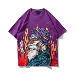 Smoking Old Man Printed Streetwear Hip Hop Loose Tees