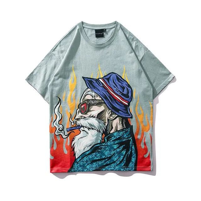 Smoking Old Man Printed Streetwear Hip Hop Loose Tees