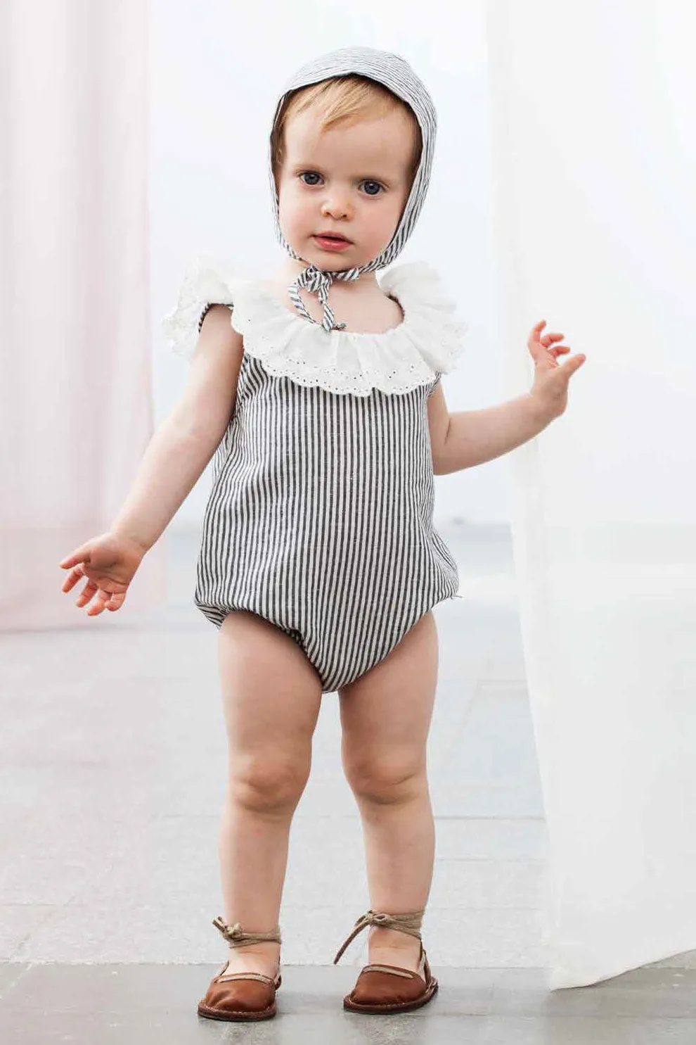 Tocoto Vintage Baby Girl Striped Romper With Bonnet (Size 12M left)