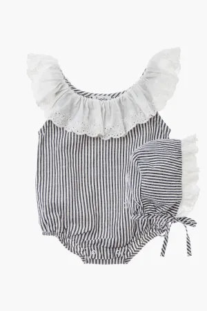 Tocoto Vintage Baby Girl Striped Romper With Bonnet (Size 12M left)