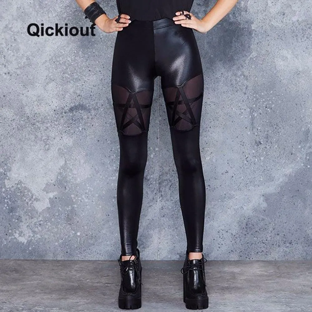 Trending Women High Waist Leggings Leather Pants - Sexy Costumes Stars Stitching Pants (TBL)