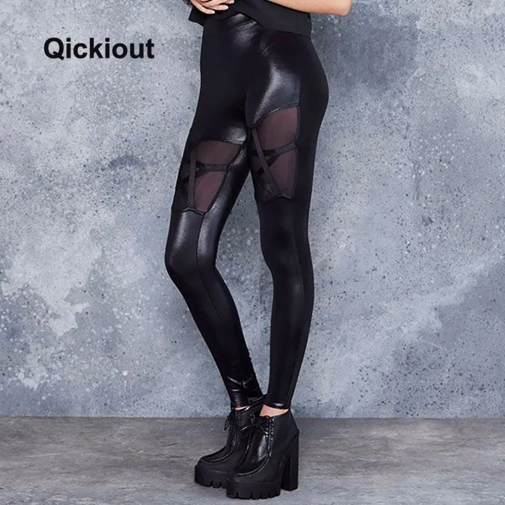 Trending Women High Waist Leggings Leather Pants - Sexy Costumes Stars Stitching Pants (TBL)