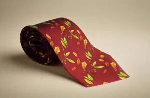 Vintage Dunhill Silk Tie Burgundy With Green/Brown Oak Leaves and Acorn Motifs