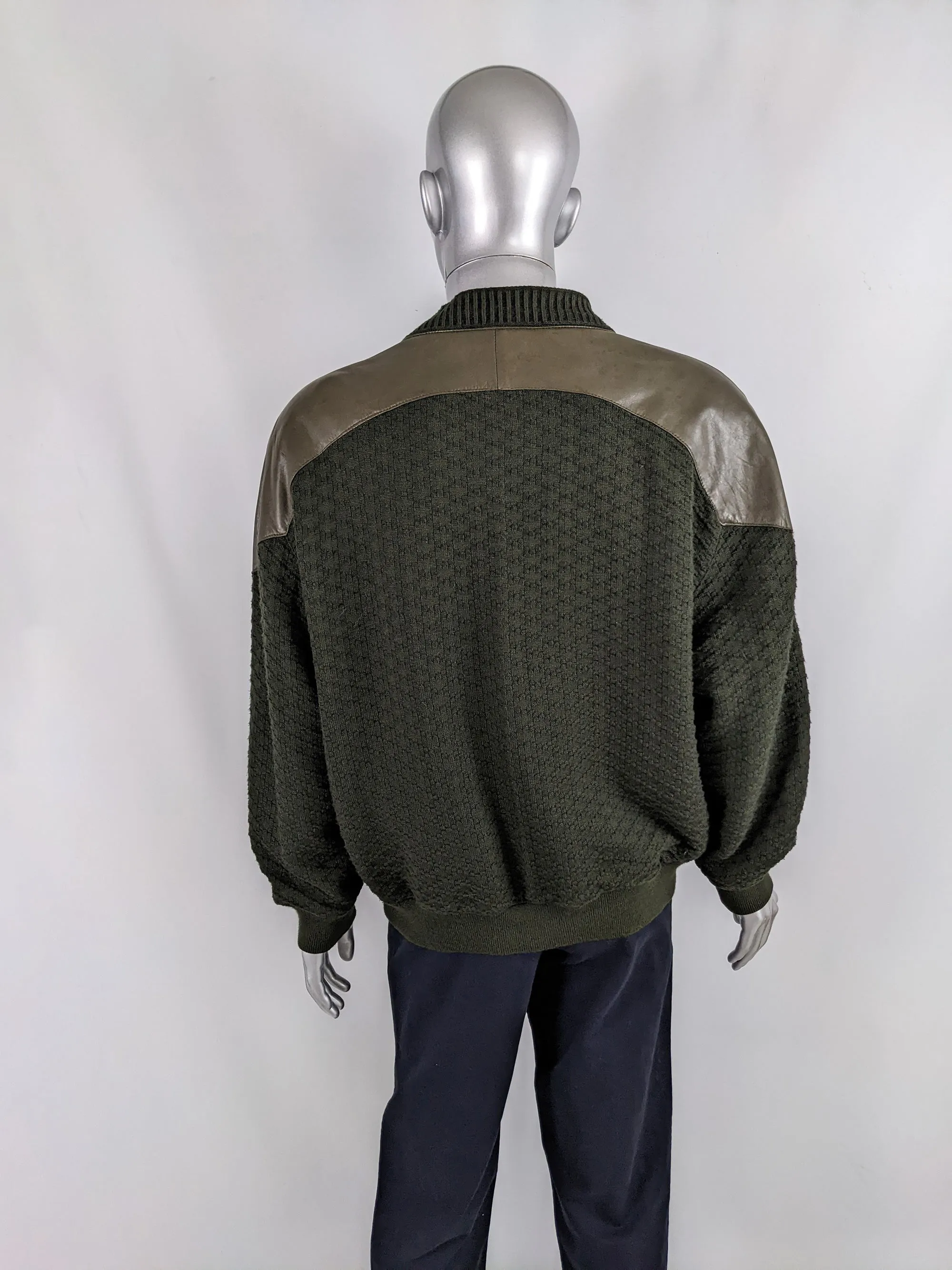 Vintage Mens Green Knit & Leather Cardigan Jacket, 1980s