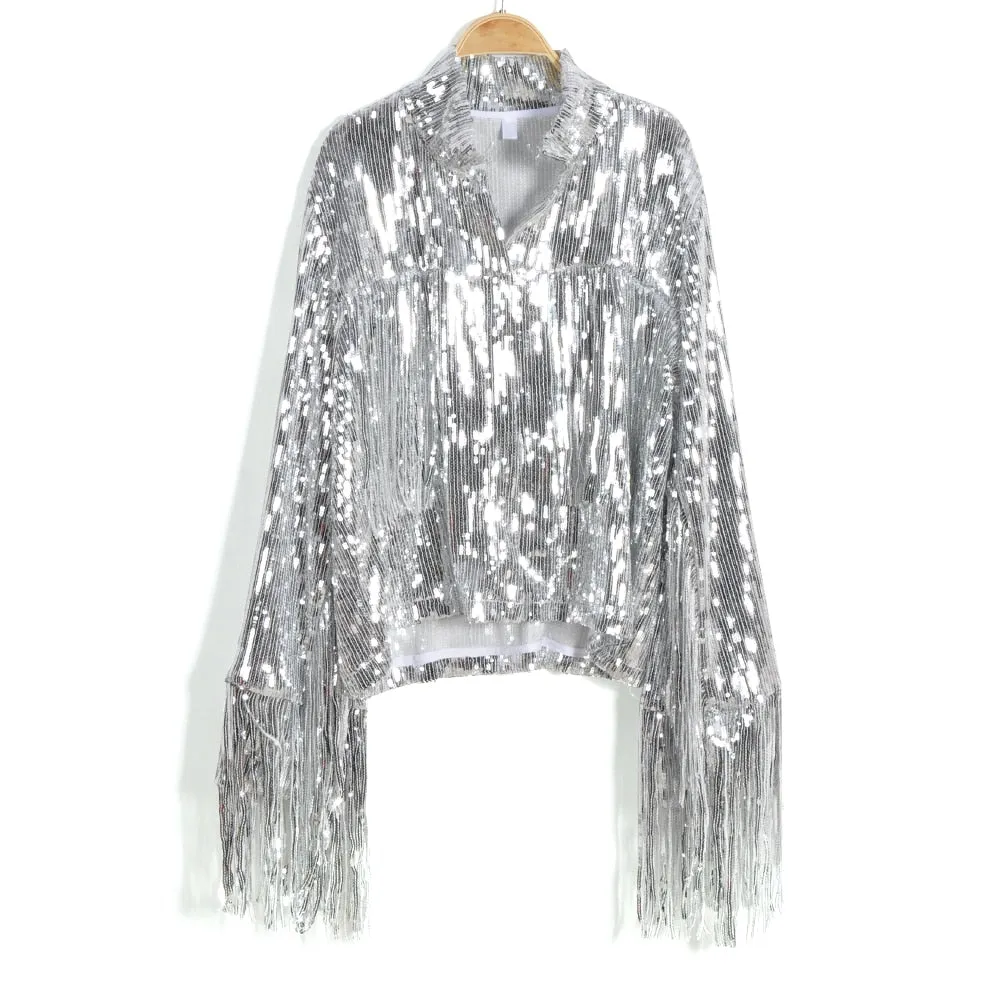 Wenkouban Performance Silver Tassel Sequin Jacket Retro Long-sleeved Silver Reflective Jacket Women Outwear Tops Sequin Coat Women's