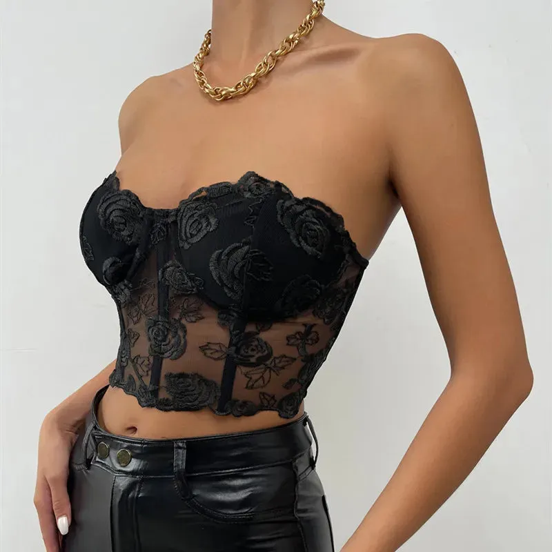 Wenkouban- Strapless Crop Top Women Floral Backless Top Ladies Black Sexy Top Clubtwear