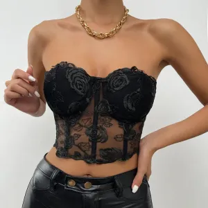 Wenkouban- Strapless Crop Top Women Floral Backless Top Ladies Black Sexy Top Clubtwear