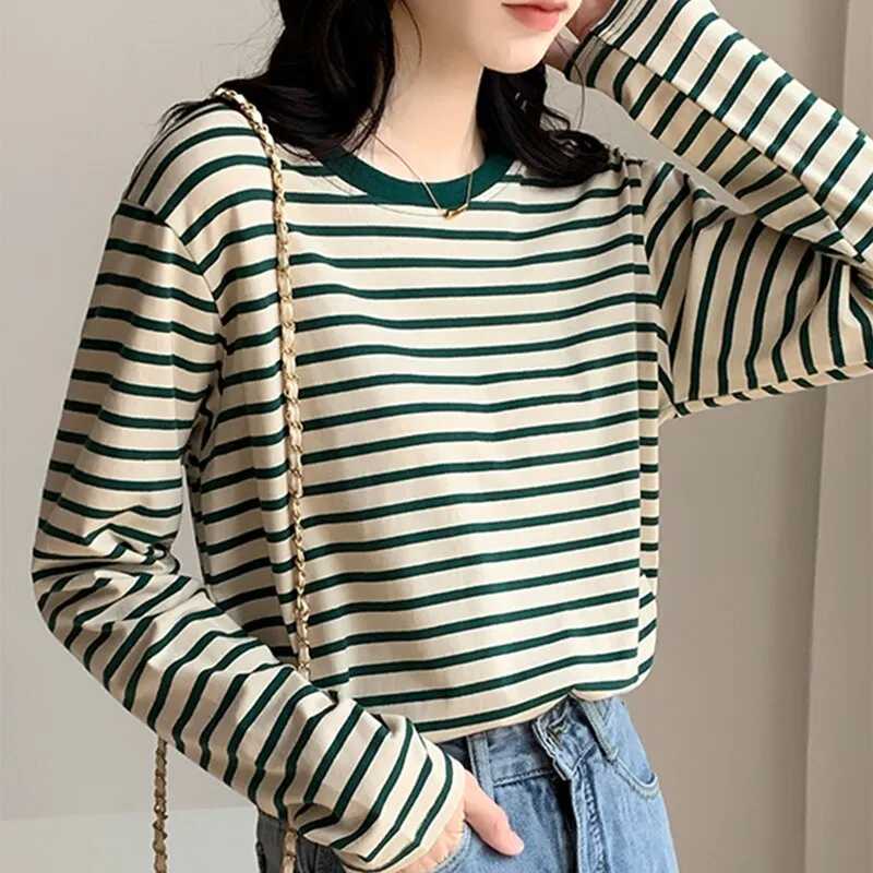 Wenkouban Striped Vintage Long Sleeve Women T Shirts O Neck Loose Thin Tops Female All-Match Basic Spring New Fashion T-Shirt Tees Femme