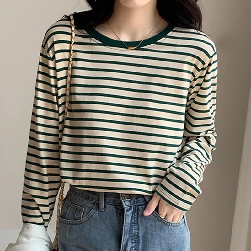 Wenkouban Striped Vintage Long Sleeve Women T Shirts O Neck Loose Thin Tops Female All-Match Basic Spring New Fashion T-Shirt Tees Femme