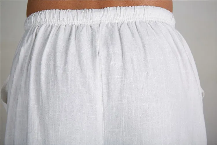 White Chinese Men Linen Pants, Traditional Martial Arts Pants, Size M L XL XXL XXXL XXXXL