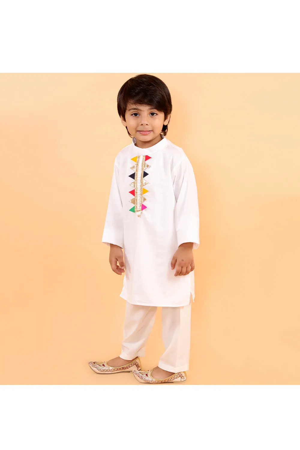 White cotton kurta with colorful lace and white pyjama