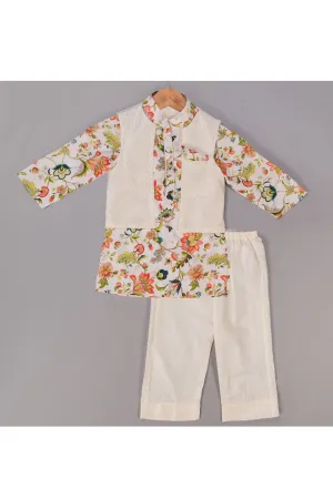 White floral printed kurta with golden dots jacket and pyjama