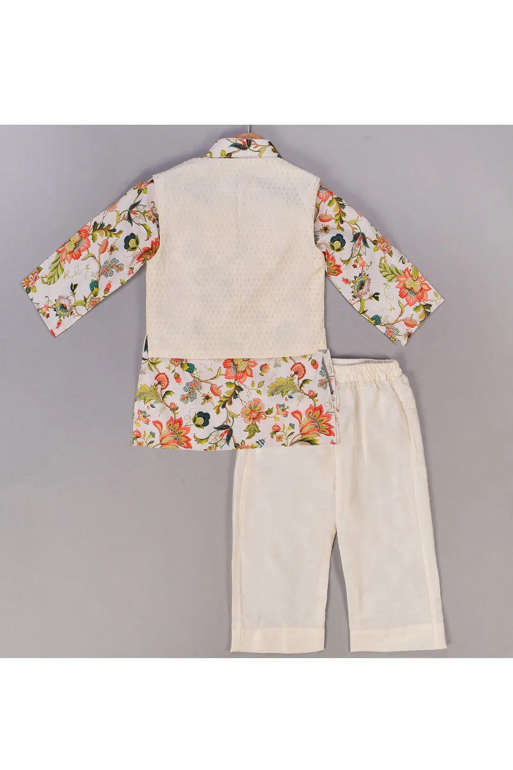 White floral printed kurta with golden dots jacket and pyjama