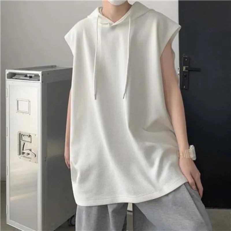 Wiaofellas  -  Men Summer sleeveless tops Hooded T Shirt Waffle Design Sense Sleeveless T-shirt Streetwear Casual Solid Loose Hooded Tank