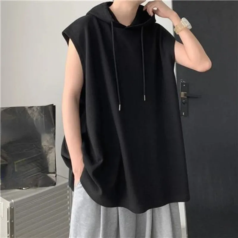 Wiaofellas  -  Men Summer sleeveless tops Hooded T Shirt Waffle Design Sense Sleeveless T-shirt Streetwear Casual Solid Loose Hooded Tank