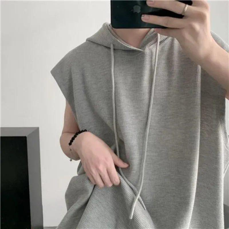 Wiaofellas  -  Men Summer sleeveless tops Hooded T Shirt Waffle Design Sense Sleeveless T-shirt Streetwear Casual Solid Loose Hooded Tank