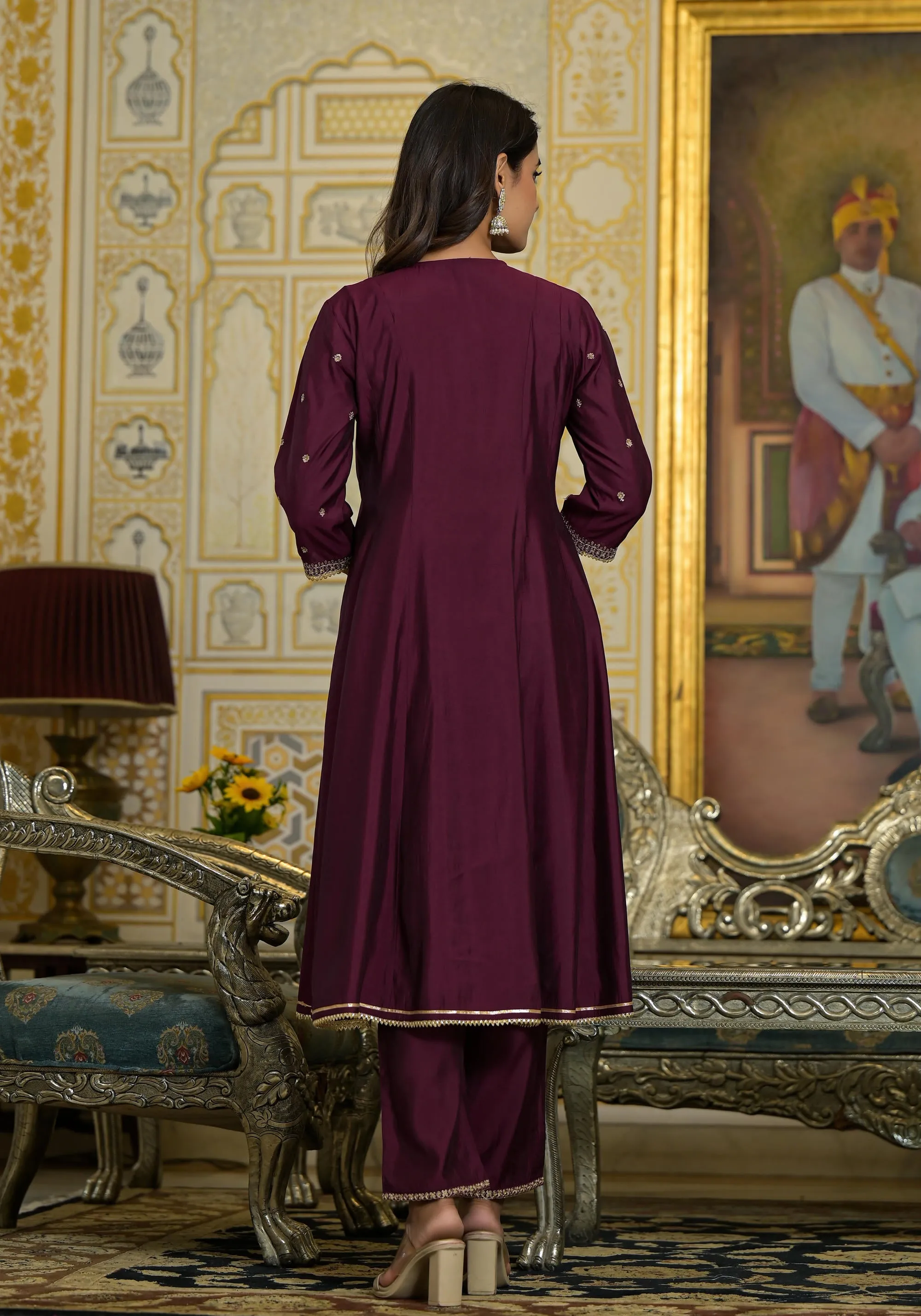 Wine Zari Embroidered Viscose Kurta Pant And Dupatta Set With Sequins & Lace