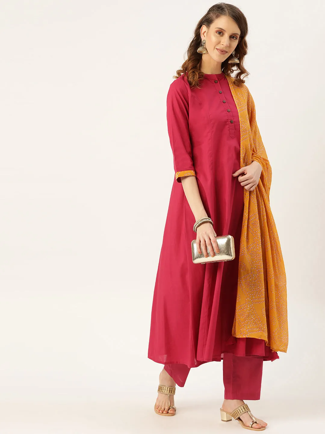 Women Magenta Kurta Pants & Mustard Bandhej Dupatta