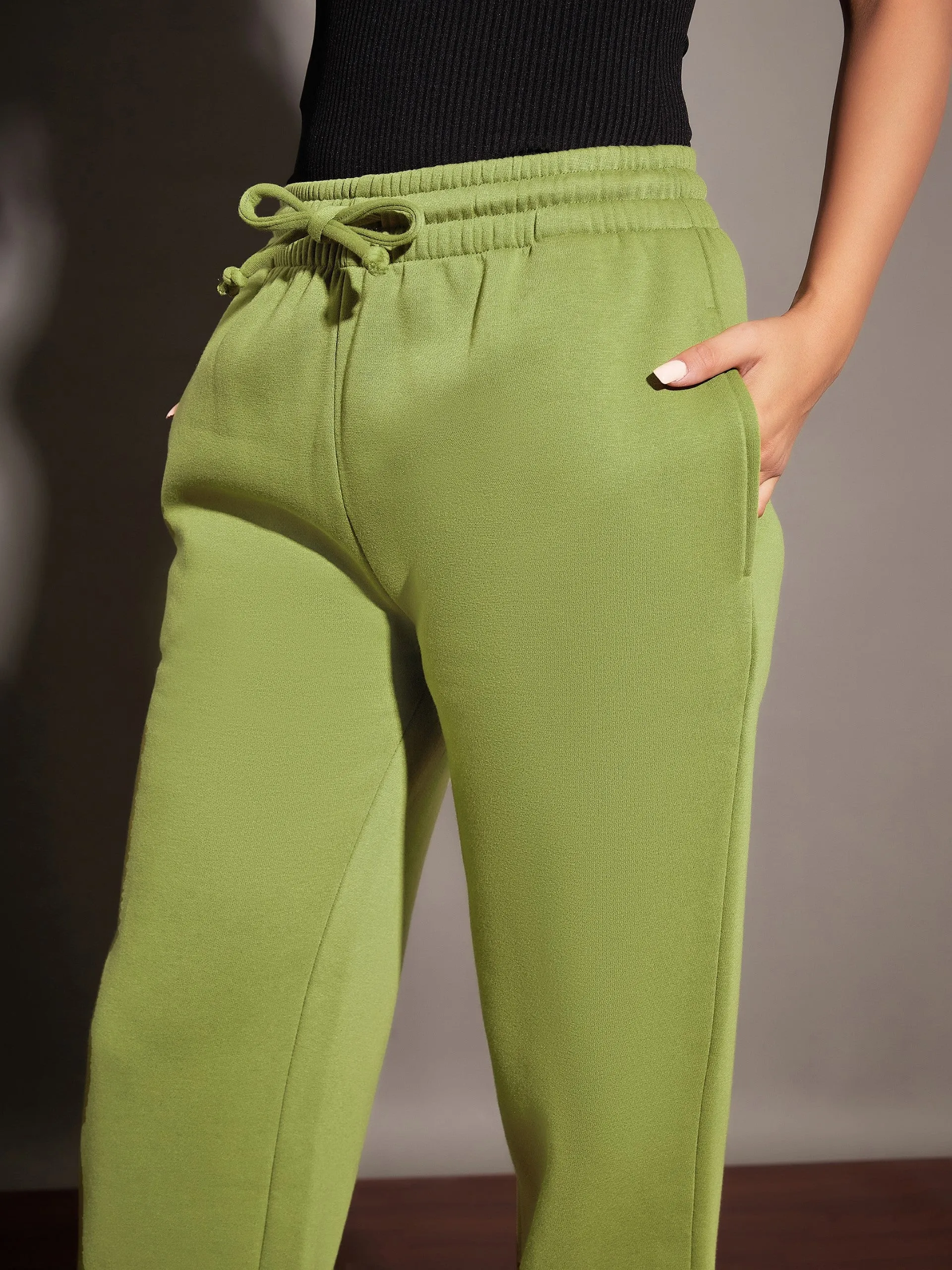 Women Olive Fleece Track Pants