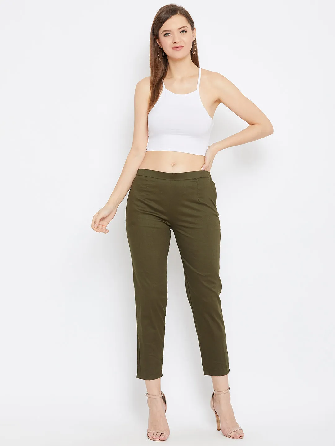 Women Olive Regular Fit Solid Pants