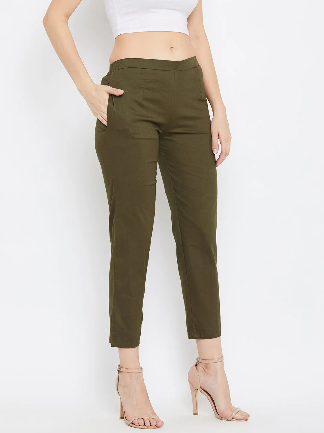 Women Olive Regular Fit Solid Pants