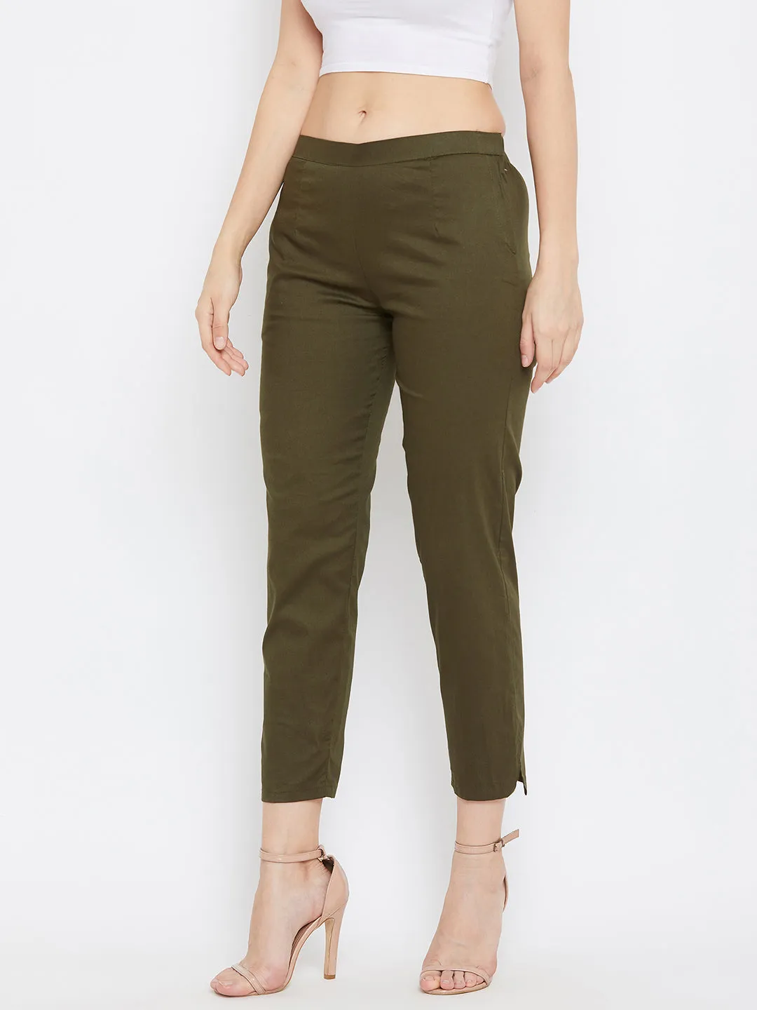 Women Olive Regular Fit Solid Pants