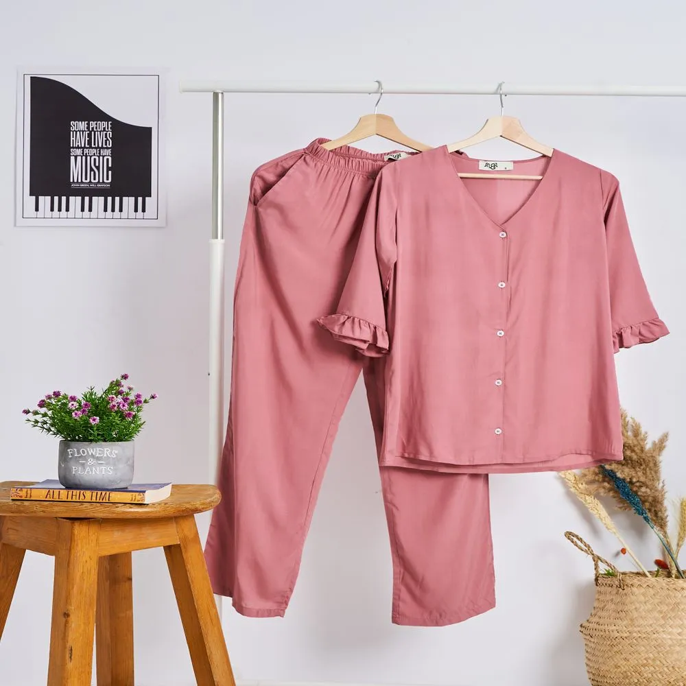 Women summer pajama set Cashmere Buttoned Shirt with Ruffled Sleeves shirt   Pants