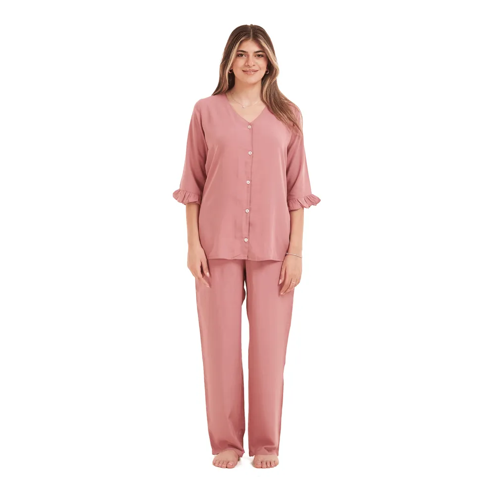 Women summer pajama set Cashmere Buttoned Shirt with Ruffled Sleeves shirt   Pants